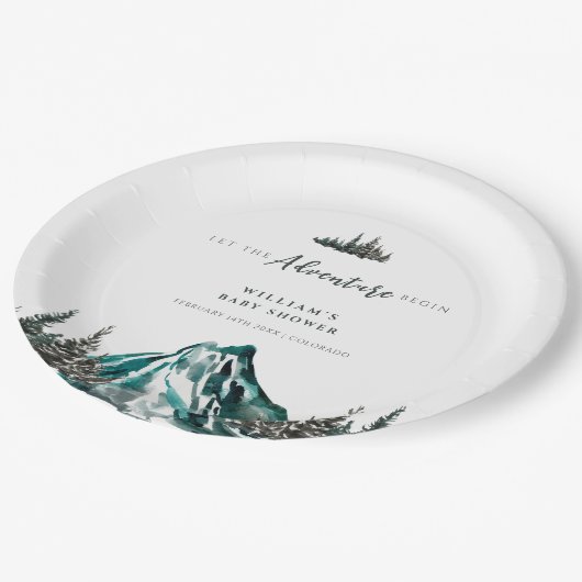 冒険を始める山の松の赤ちゃんシャワー ペーパープレート (アングル)