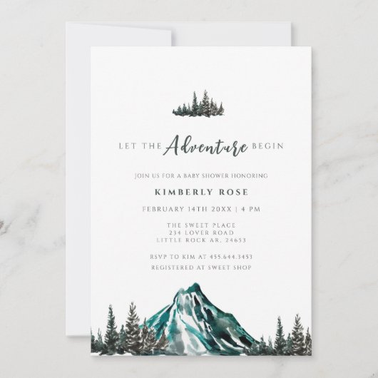 冒険を始める山の松の赤ちゃんシャワー 招待状 (正面)