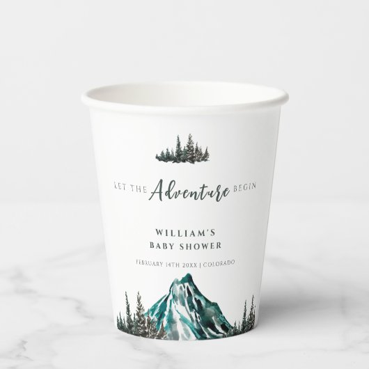 冒険を始める山の松の赤ちゃんシャワー 紙コップ (裏面)
