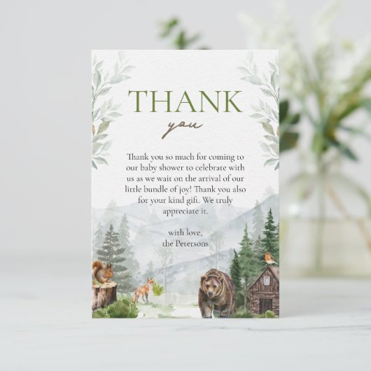 冒険を始める山の男の子の赤ちゃんシャワー サンキューカード (スタンド正面)