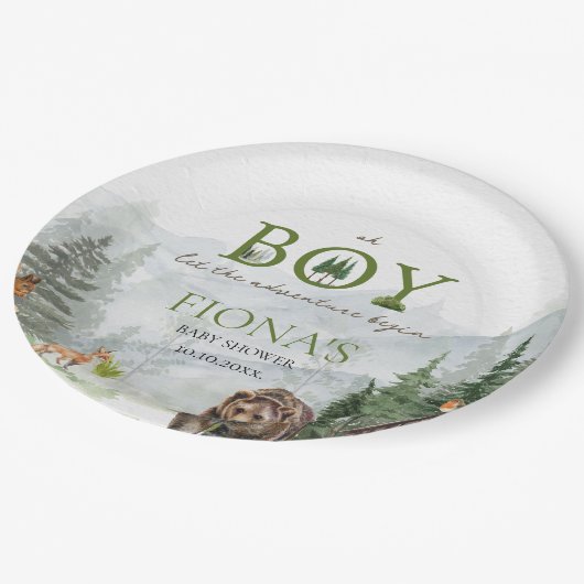 冒険を始める山の男の子の赤ちゃんシャワー ペーパープレート (アングル)