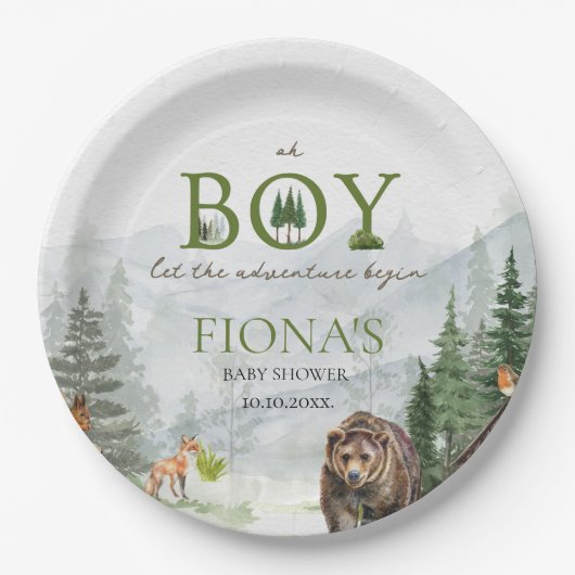 冒険を始める山の男の子の赤ちゃんシャワー ペーパープレート (正面)