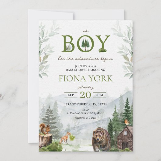 冒険を始める山の男の子の赤ちゃんシャワー 招待状 (正面)