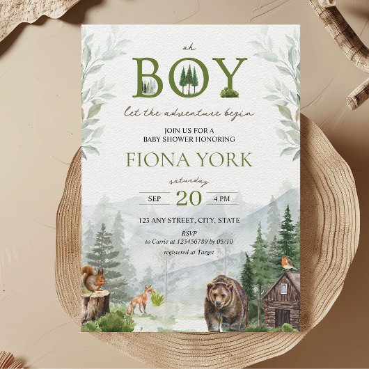 冒険を始める山の男の子の赤ちゃんシャワー 招待状