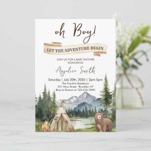 冒険を始める男の子の冒険ベイビーシャワー 招待状 (スタンド正面)