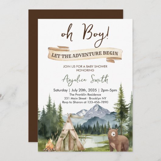 冒険を始める男の子の冒険ベイビーシャワー 招待状 (正面/裏面)