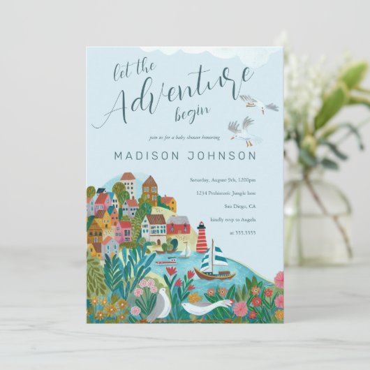 冒険を始める男の子の赤ちゃんのシャワーパーティー 招待状 (スタンド正面)