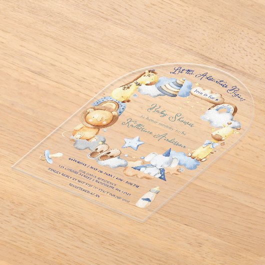 冒険を始める男の子ベビーおもちゃ赤ちゃんシャワー アクリル招待状 (レイダウン)