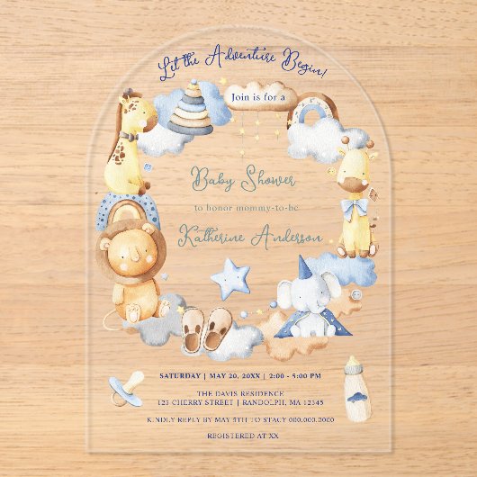 冒険を始める男の子ベビーおもちゃ赤ちゃんシャワー アクリル招待状 (正面)
