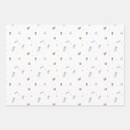 冒険を始める男の子ベビーおもちゃ赤ちゃんシャワー ラッピングペーパーシート (正面3)