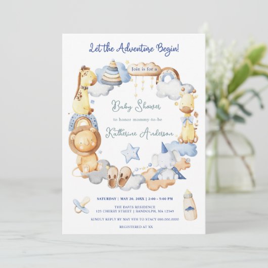 冒険を始める男の子ベビーおもちゃ赤ちゃんシャワー 招待状 (スタンド正面)