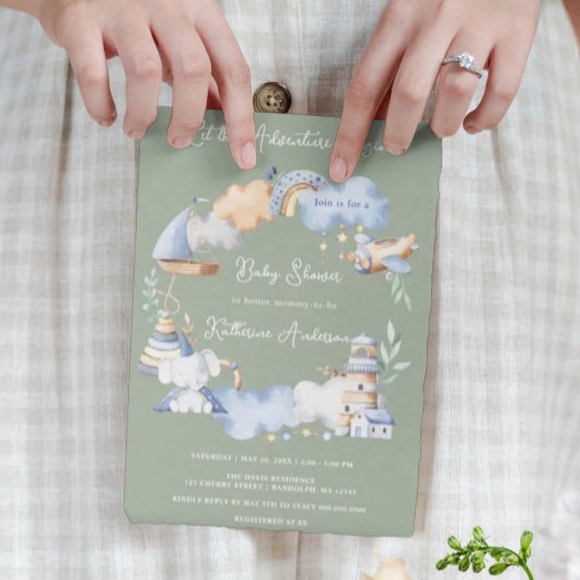 冒険を始める男の子ベビーおもちゃ赤ちゃんシャワー 招待状