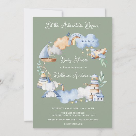 冒険を始める男の子ベビーおもちゃ赤ちゃんシャワー 招待状 (正面)