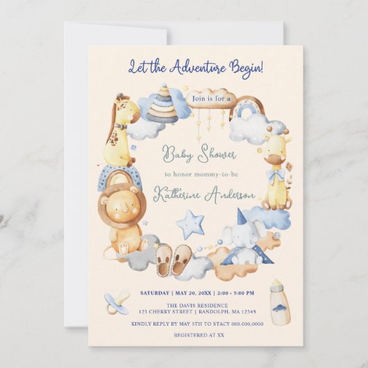 冒険を始める男の子ベビーおもちゃ赤ちゃんシャワー 招待状 (正面)