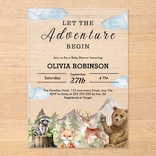 冒険を山の男の子の赤ちゃんのシャワーを始める アクリル招待状 (正面)