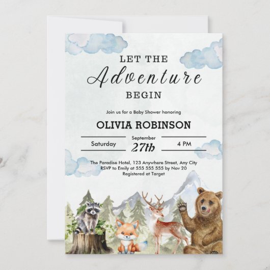 冒険を山の男の子の赤ちゃんのシャワーを始める 招待状 (正面)