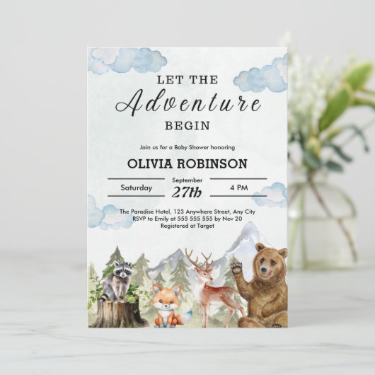 冒険を山の男の子の赤ちゃんのシャワーを始める 招待状 (スタンド正面)