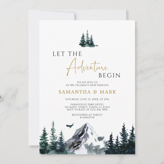 冒険を山の男の子の赤ちゃんシャワーを始める 招待状 (正面)