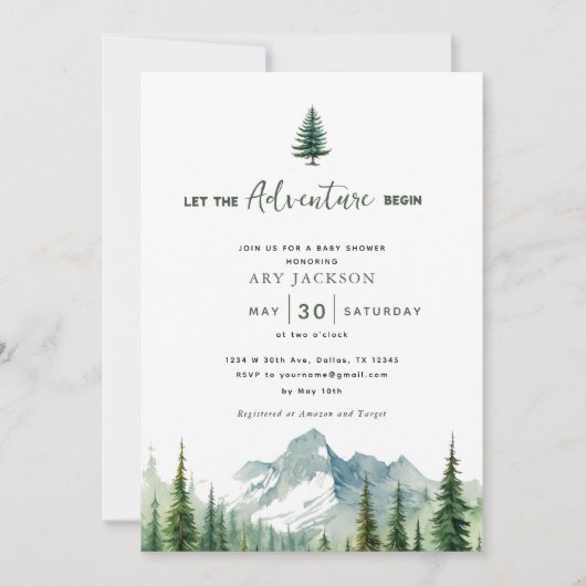 冒険を山の男の子の赤ちゃんシャワーを始める 招待状 (正面)