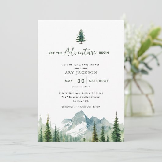 冒険を山の男の子の赤ちゃんシャワーを始める 招待状 (スタンド正面)