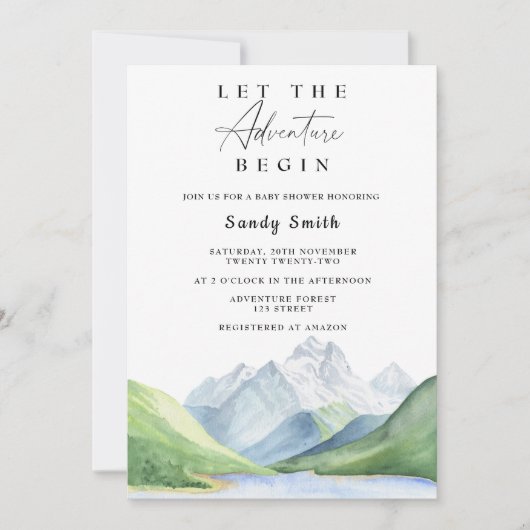 冒険を山の男の子の赤ちゃんシャワーを始める 招待状 (正面)