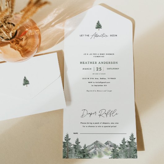 冒険を森の男の子の赤ちゃんシャワーを始める オールインワン招待状