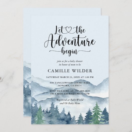 冒険を森の男の子の赤ちゃんシャワーを始める 招待状 (正面/裏面)