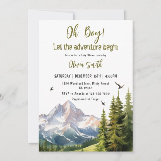冒険を森の男の子の赤ちゃんシャワーを始める 招待状 (正面)