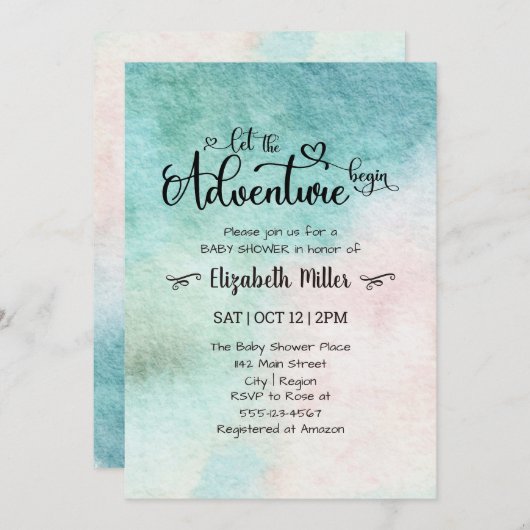 冒険を水の色のベビーシャワーを始める 招待状 (正面/裏面)