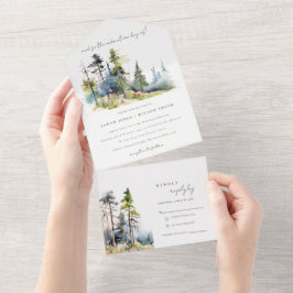 冒険を開始する松の森の風景結婚の オールインワン招待状