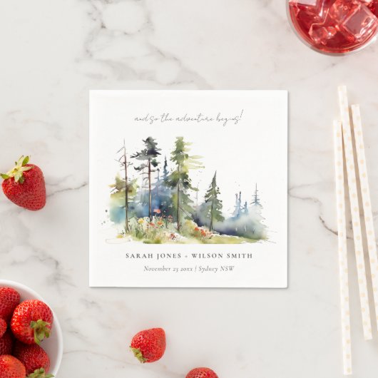 冒険を開始する松の森の風景結婚の スタンダードカクテルナプキン (インサイチュ)