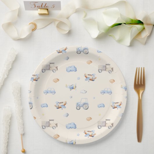 冒険交通少年の赤ちゃんシャワー ペーパープレート (ウェディング)