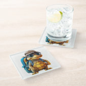 冒険好きで可愛い亀にリュックサックを ガラスコースター (アングル)