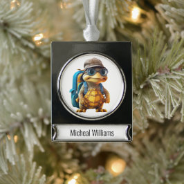 冒険好きで可愛い亀にリュックサックを シルバープレートバナーオーナメント