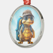 冒険好きで可愛い亀にリュックサックを メタルオーナメント (左)