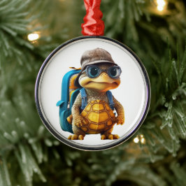 冒険好きで可愛い亀にリュックサックを メタルオーナメント