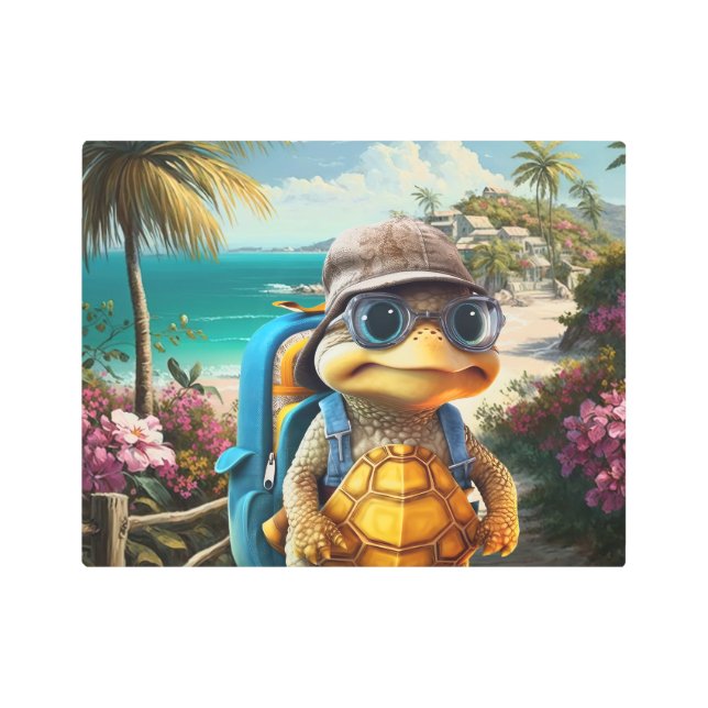 冒険好きで可愛い亀にリュックサックを メタルプリント (正面)