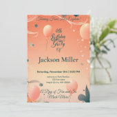 冒険好きなバルーン誕生日招待状と可愛いキツネ 招待状 (スタンド正面)