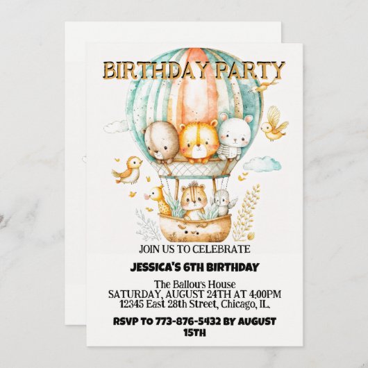 冒険好きな野生動物の誕生日パーティー 招待状 (正面/裏面)