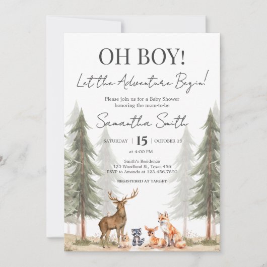 冒険Begin Woodland Animals Baby Shower 招待状 (正面)