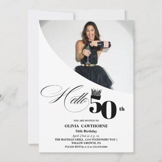 写エレガントモダン真50誕生日白ブラック 招待状 (正面)