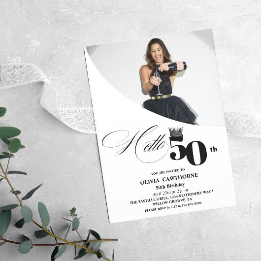 写エレガントモダン真50誕生日白ブラック 招待状