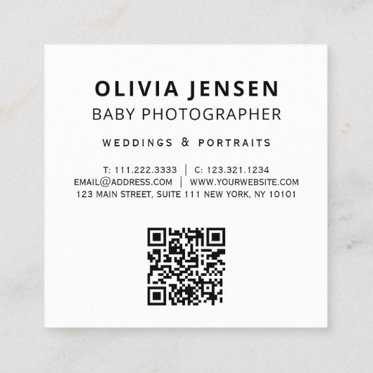写エレガント生まれたばかりのモダン真QRコード スクエア名刺 (裏面)