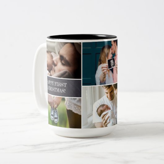写カスタム真コラージュパパハッピー初めてのクリスマス ツートーンマグカップ (正面左)