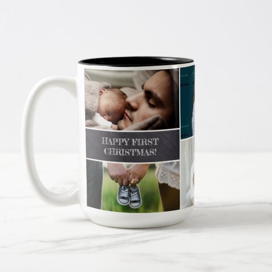 写カスタム真コラージュパパハッピー初めてのクリスマス ツートーンマグカップ (左)