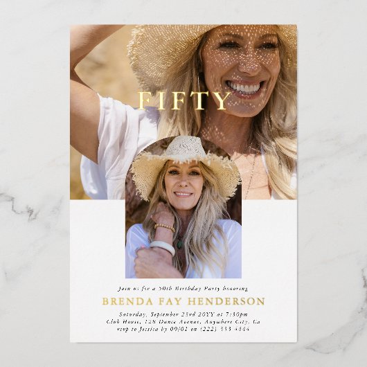 写スタイリッシュミニマル真50誕生日 箔招待状 (正面)