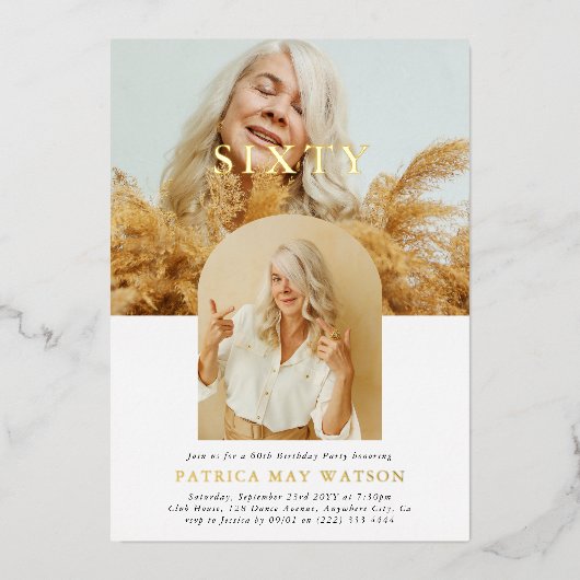 写スタイリッシュミニマル真60誕生日 箔招待状 (正面)