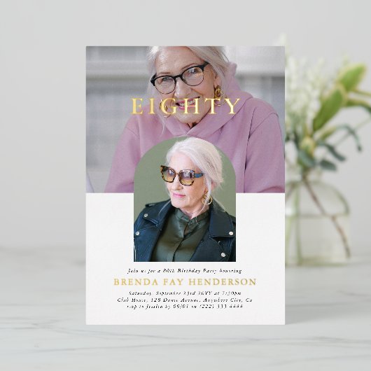 写スタイリッシュミニマル真80誕生日 箔招待状 (立ち正面)