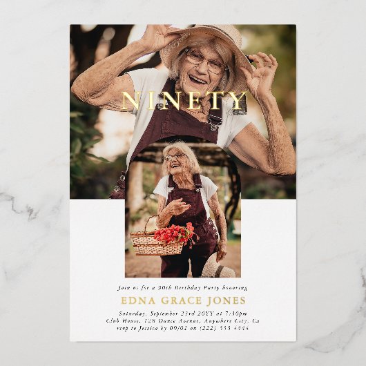 写スタイリッシュミニマル真90誕生日 箔招待状 (正面)