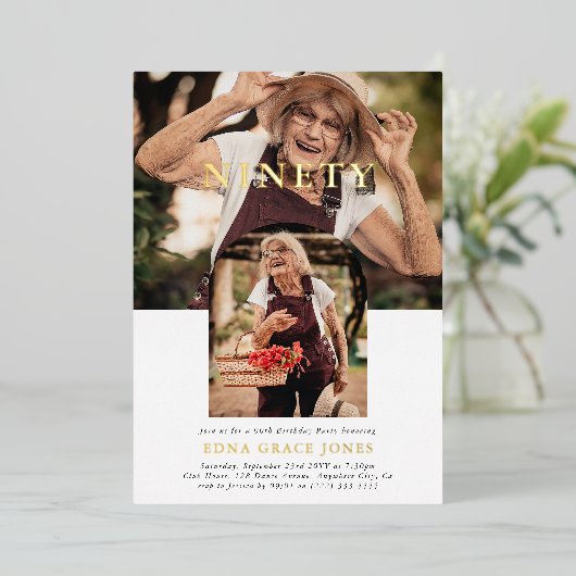 写スタイリッシュミニマル真90誕生日 箔招待状 (立ち正面)